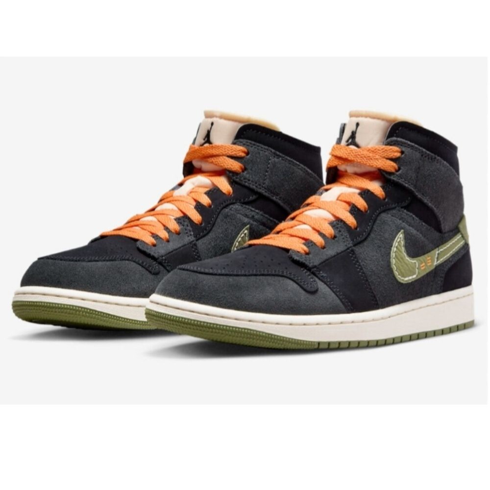 Nike Boys Air Jordan 1 Mid SE Craft Anthracite Olive Basketball Sneakers, 5Y